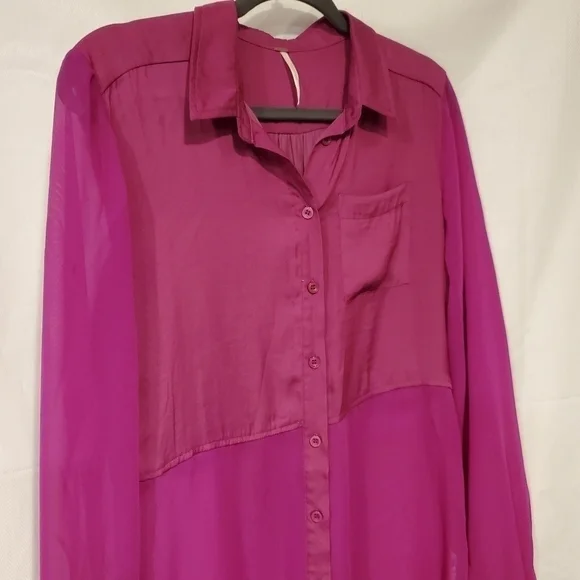 Free People Fushia Sheer Half & Half Blouse - Picture 5 of 8
